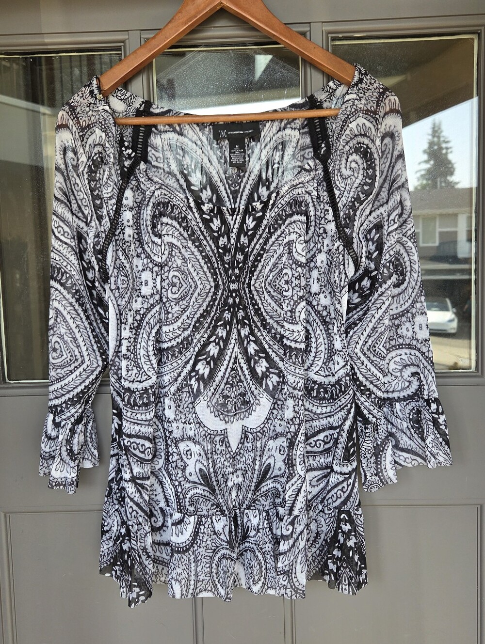 INC International Concepts Black White Paisley Sheer Boho Blouse M